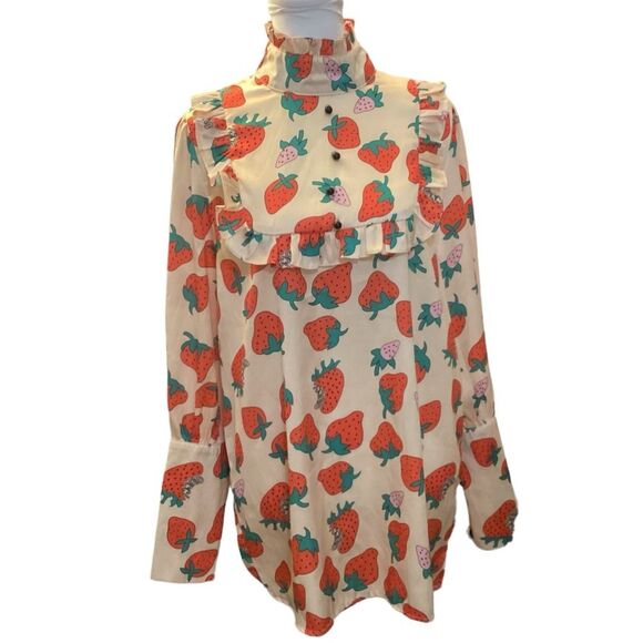 Vintage-Inspired Strawberry Print Blouse High Neck Ruffle Long‎ Sleeve Top - Picture 1 of 14